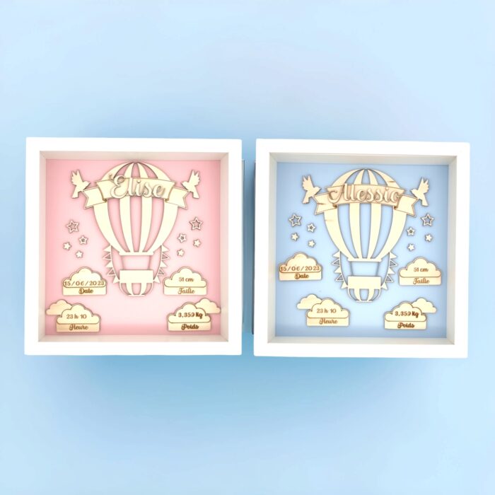 Cadre de naissance personnalisé montgolfière bleu ou rose - leawood - Belgique