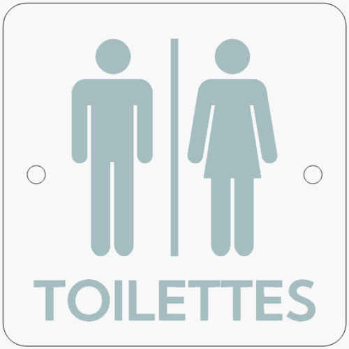 Panneau signalétique Toilettes en plexiglas et inox, 150x150mm, pictogramme homme/femme et texte, fixation par entretoises