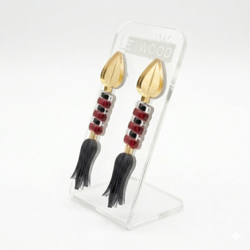 Boucles d'oreilles pendantes en acrylique doré et perles rouges et noires, modèle Légende du Dragon par Leawood.